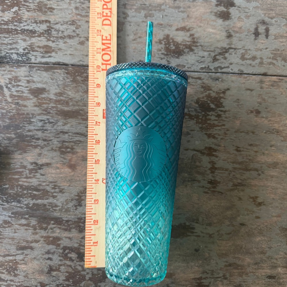 Starbucks Venti 24oz Teal Blue Diamond Grid Textured Cold Cup Tumbler with Straw